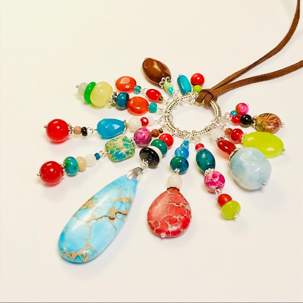 COLORFUL BOHO Mixed Media Peruvian Opal Jasper Agate Stone Assemblage Necklace